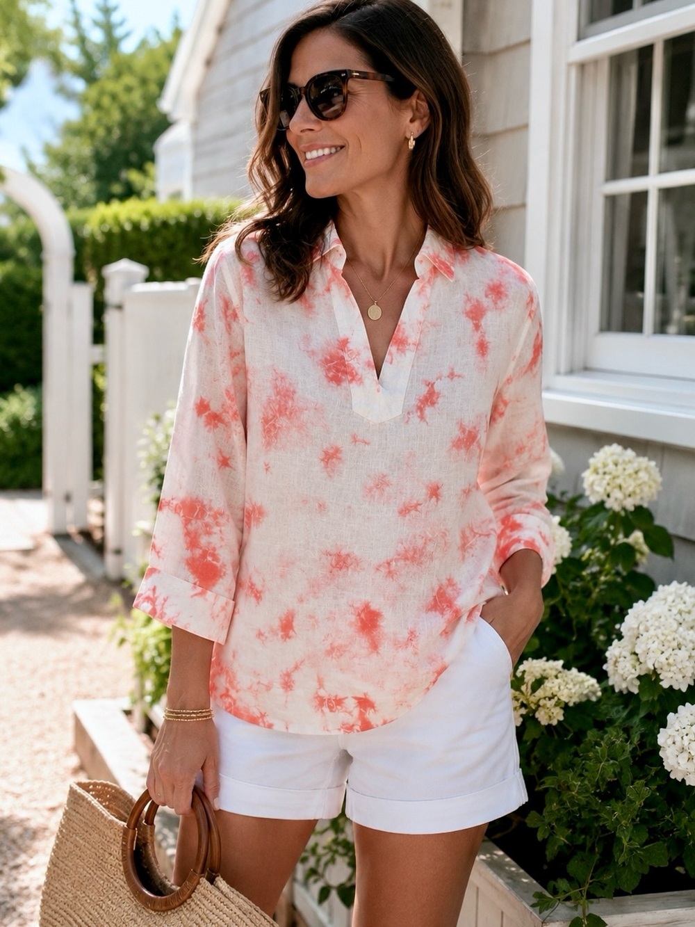 Rachel Zoe NWT Coral & White Linen Tie-Dye Popover Top | Size Large